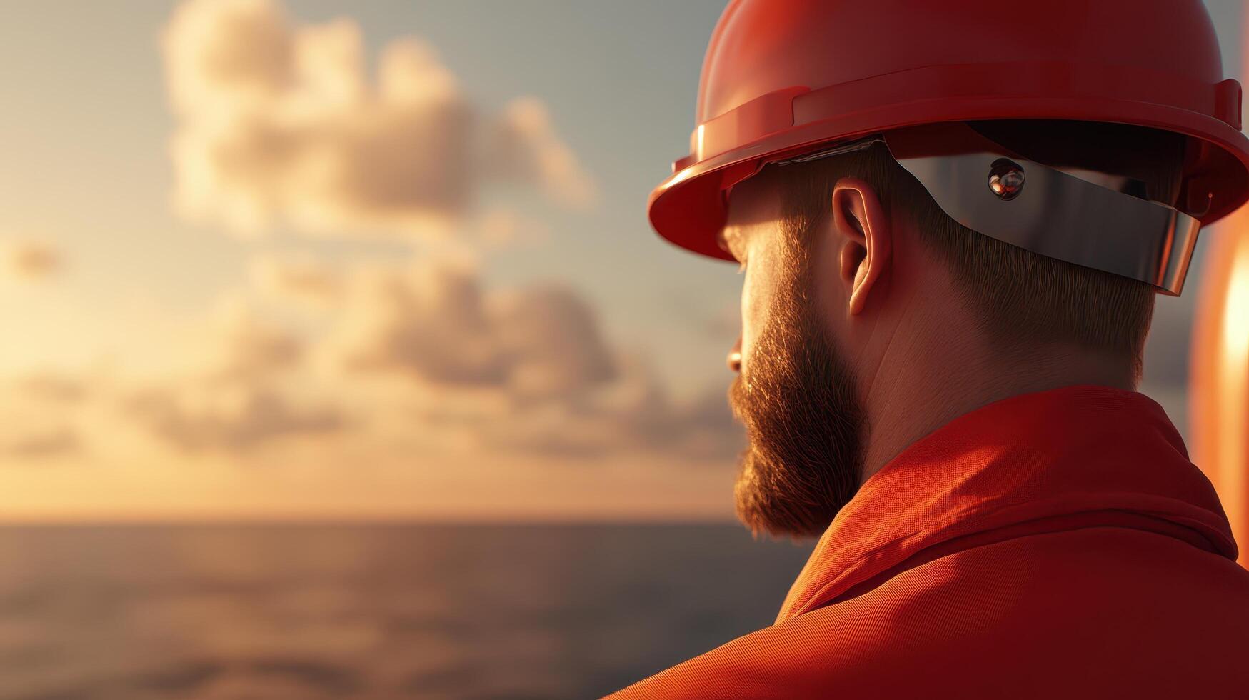 Offshore Oil Rig Worker Atop Platform During Sunset with Ocean View photo