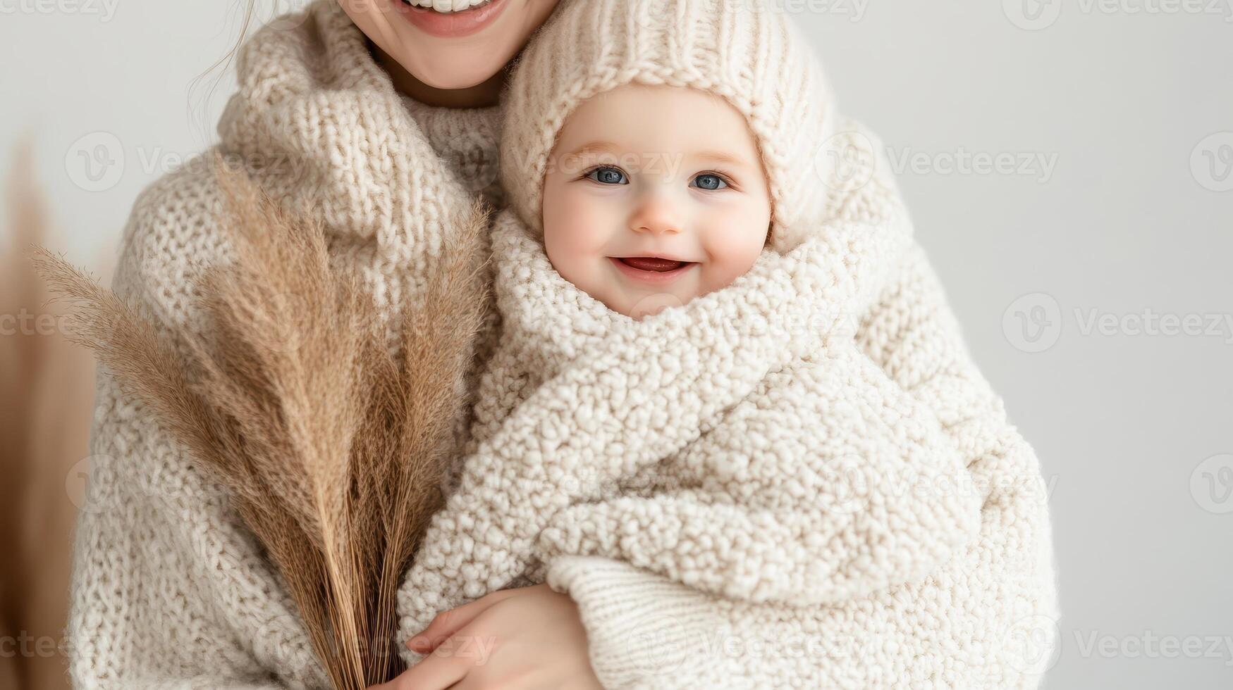 Mother Embracing Infant in Soft Knitted Blanket with Tender Care photo