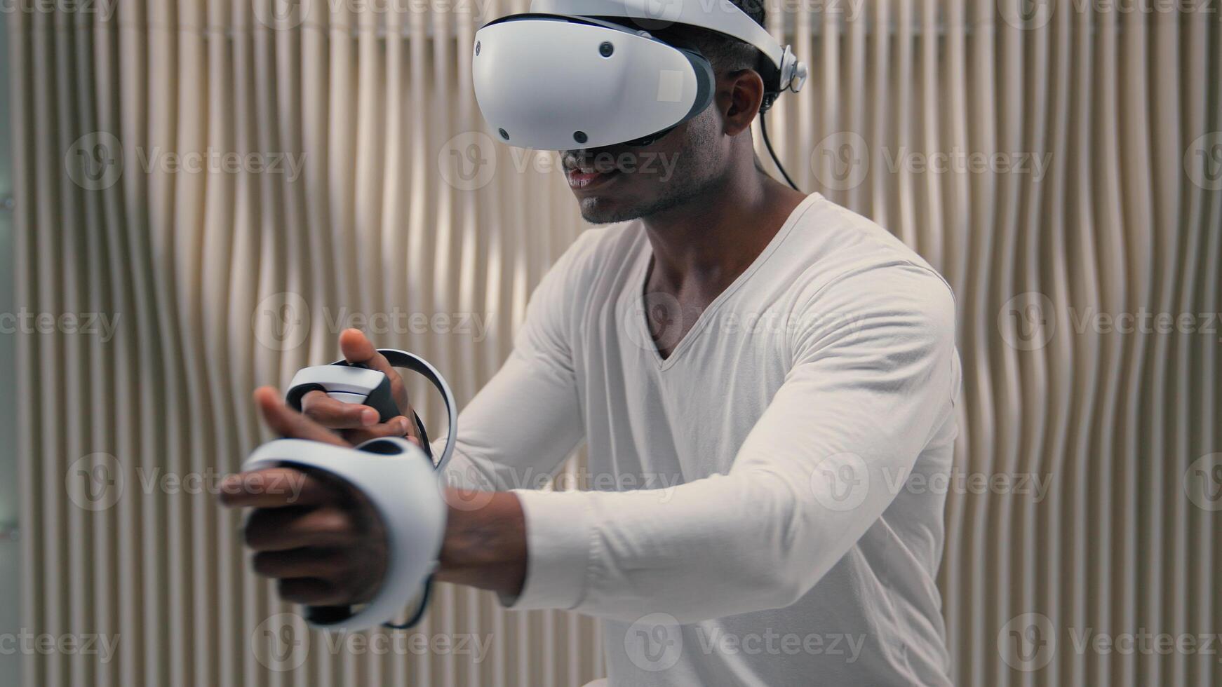 3d world African American man male guy play VR helmet virtual augmented reality futuristic online Internet technology futurism cyber game addicted interface playing metaverse artificial intelligence photo