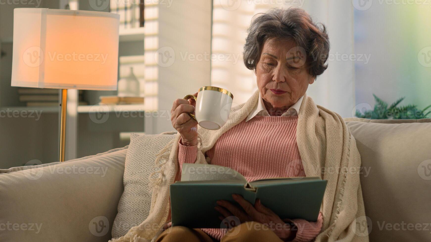 Calm serious Caucasian old woman covered with blanket on sofa drinking tea coffee with cup reading book senior mature lady elderly female retired pensioner grandmother read novel drink at home couch photo
