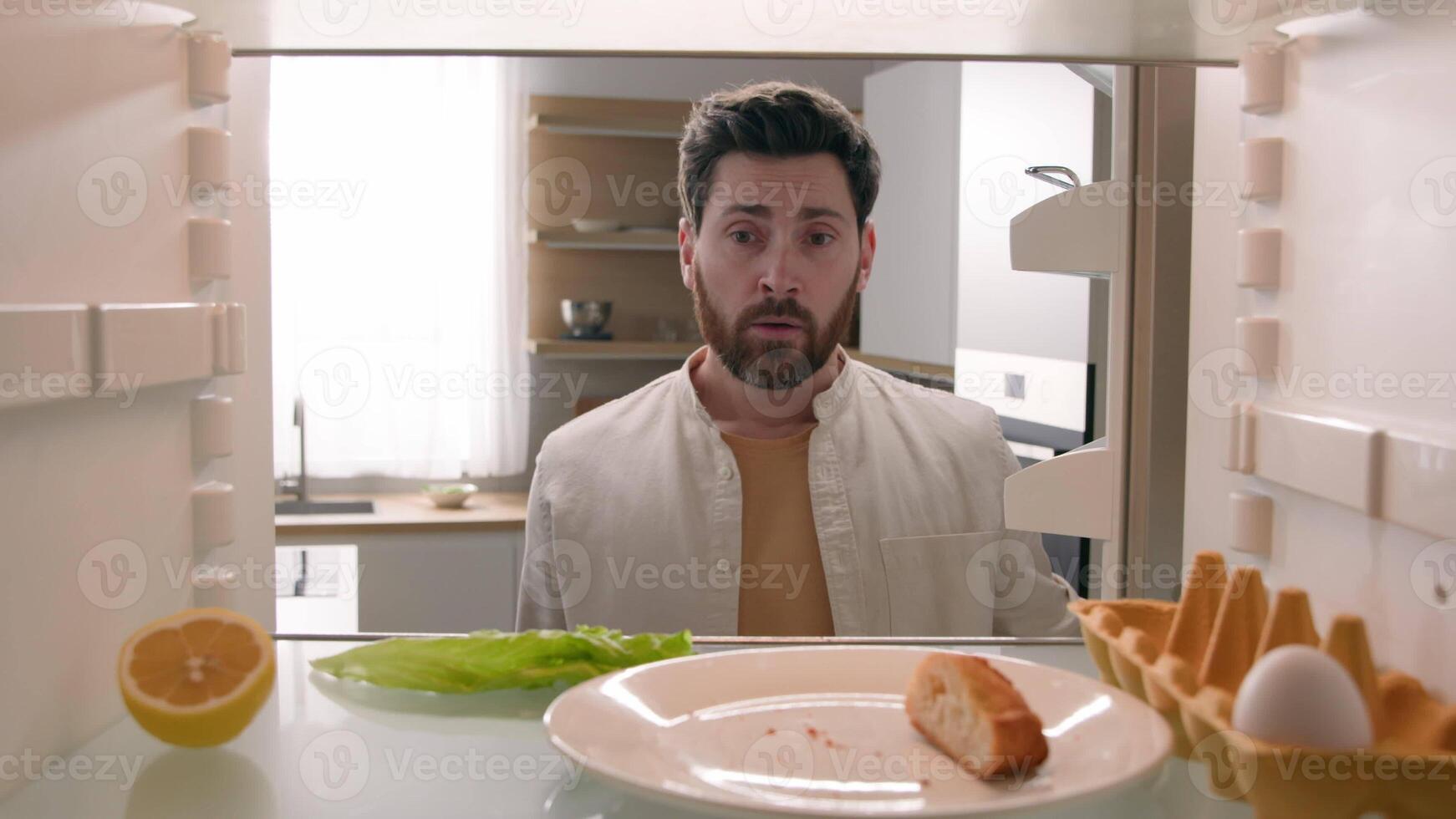 POV empty refrigerator point of view from inside fridge with one egg lettuce half lemon slice bread Caucasian confused man adult male guy order food laptop delivery app buy online supermarket courier photo