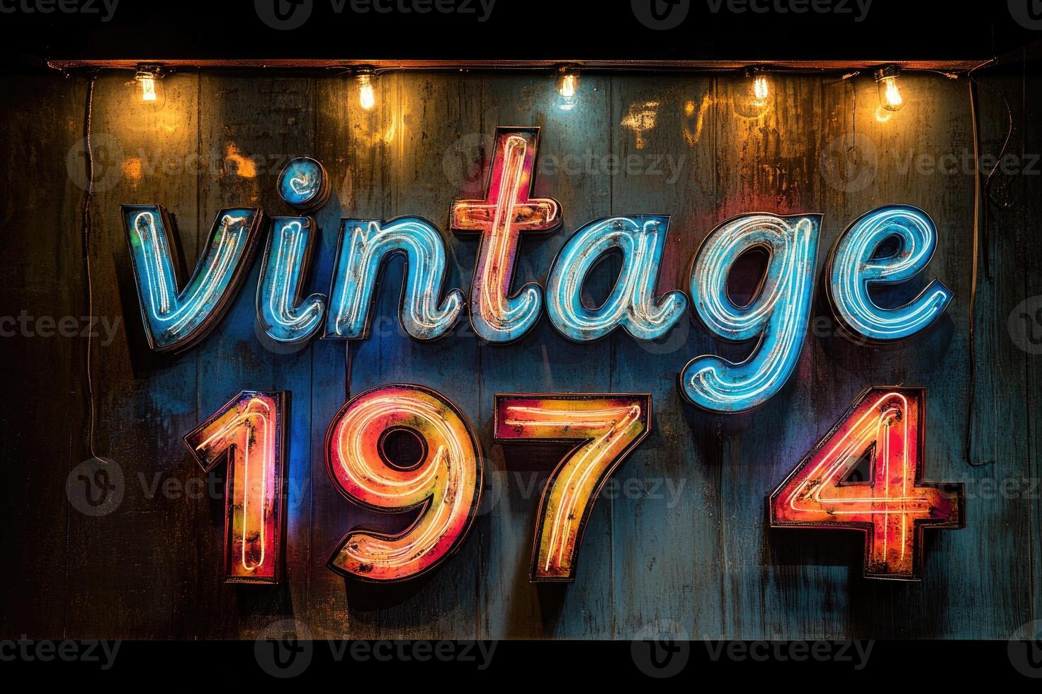 Vintage 1974 sign with glowing neon lights on rustic wall photo
