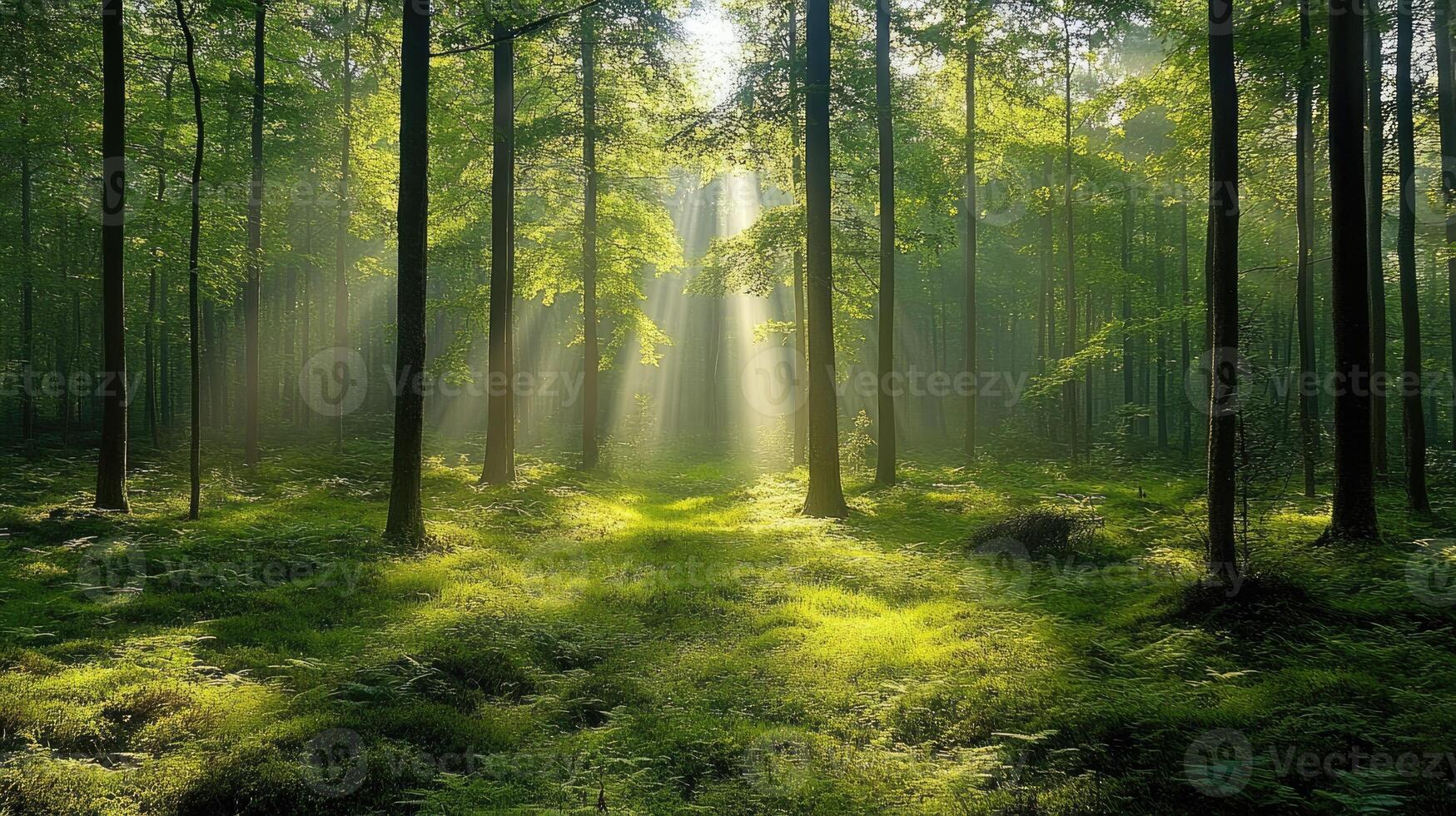 Sunlit forest with rays of light filtering through tall evergreen trees. photo
