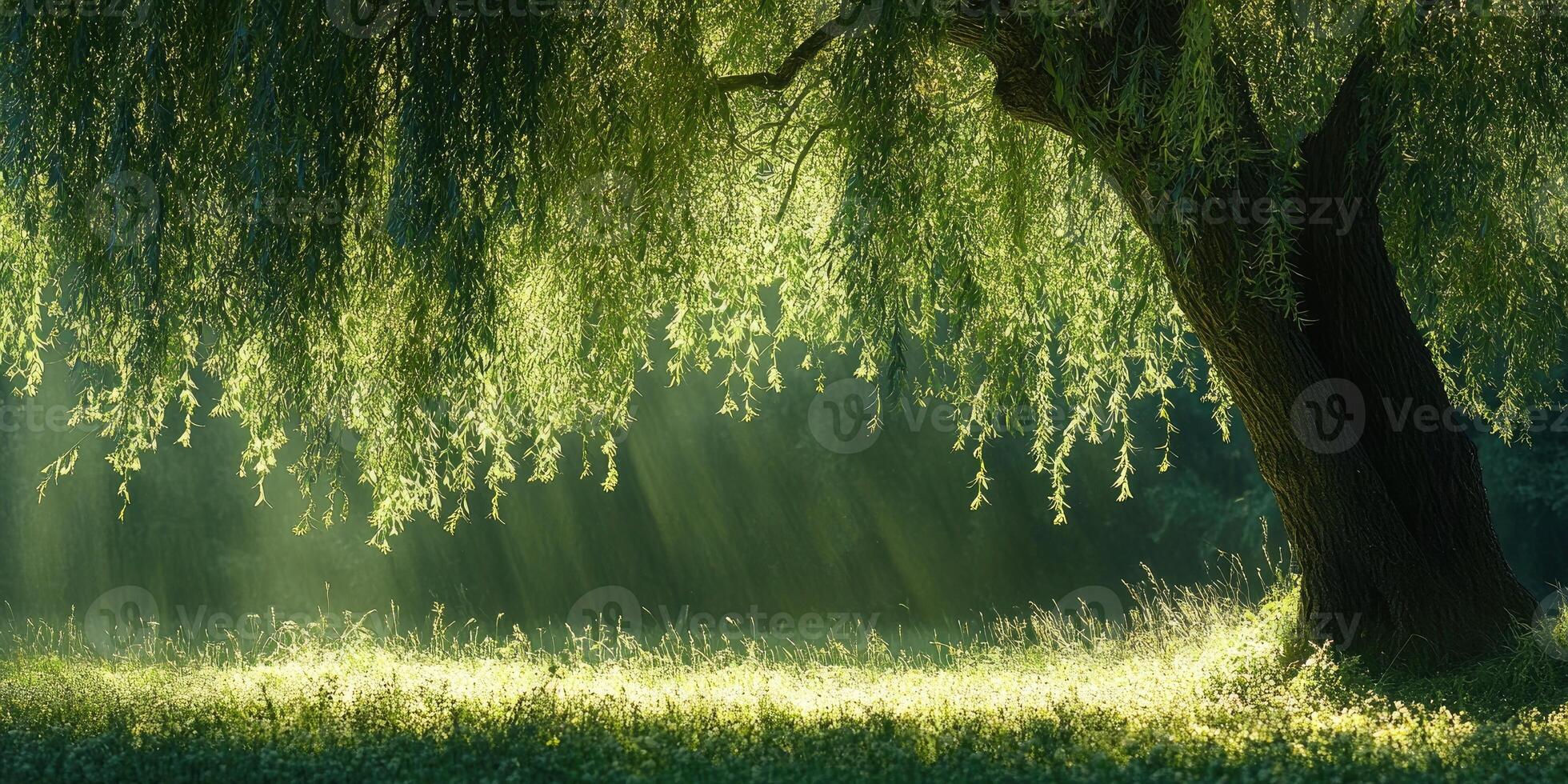 Sunlight shining through weeping willow tree branches in summer photo