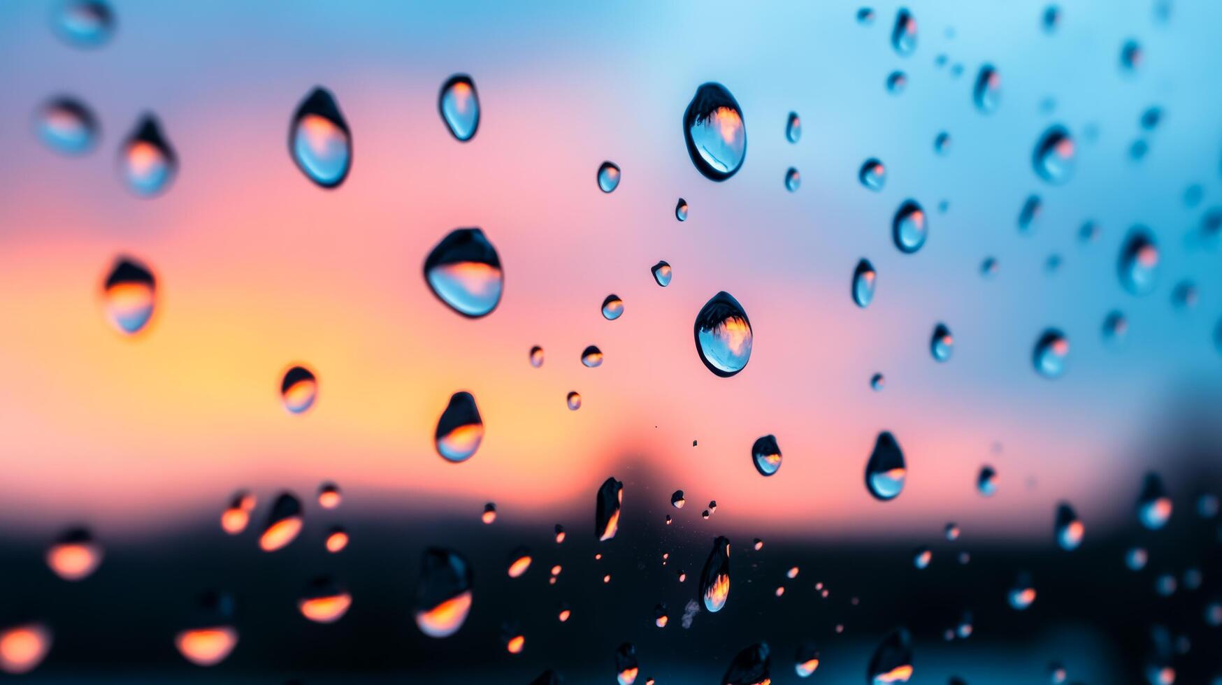 Water droplets on glass capturing the reflection of a colorful sunset sky photo