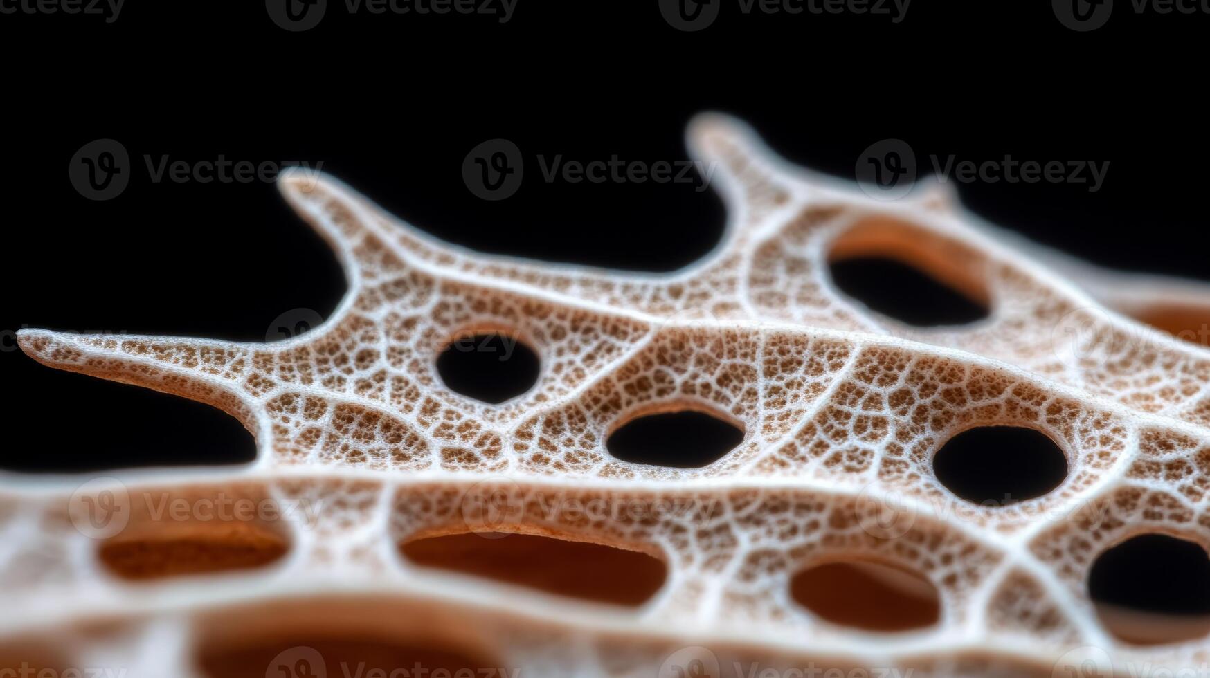 Macro view of a decaying leaf showing intricate holes and a translucent structure photo