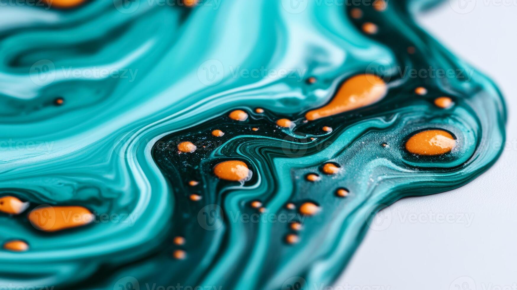 Macro image of liquid paint waves mixing turquoise and orange with marbled patterns photo