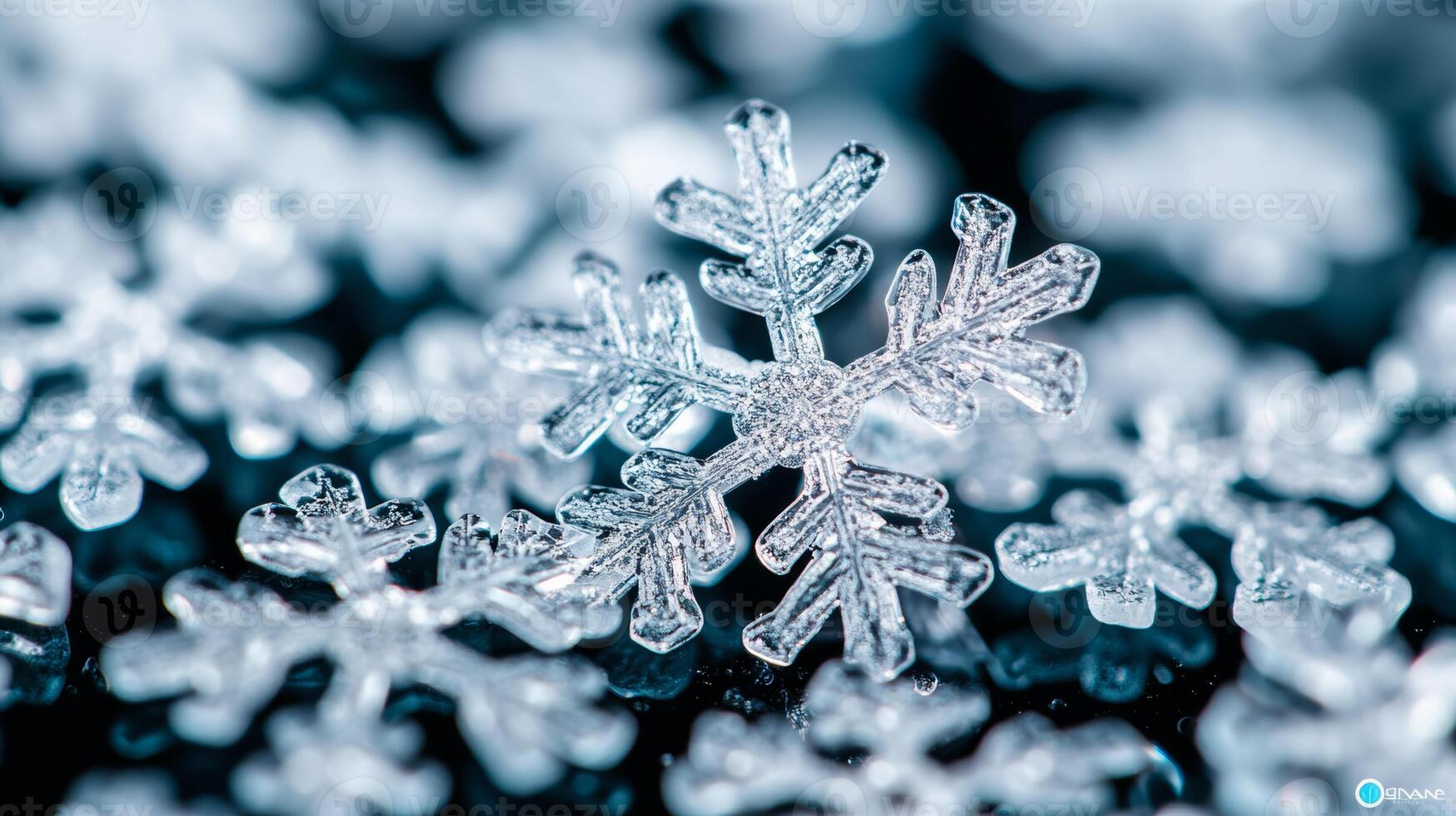 Macro image of snowflake clusters melting into droplets on a glass surface photo