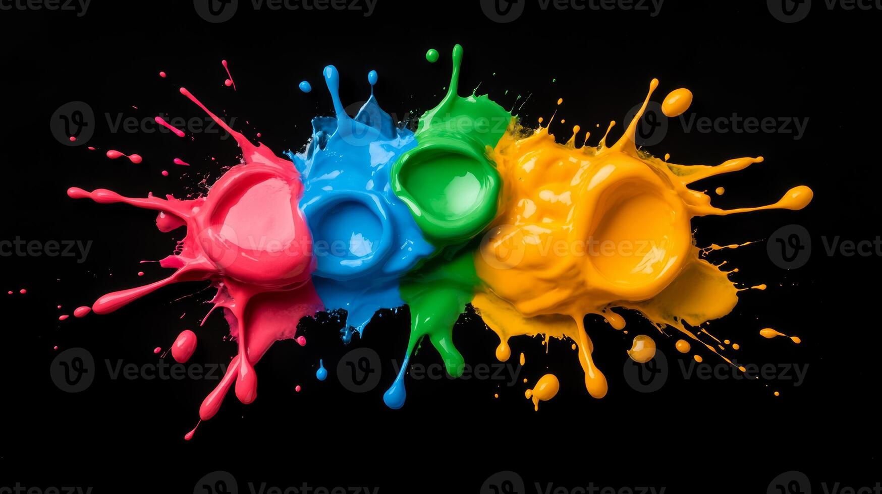 Multicolored paint bubbles with splashes and streaks isolated on a black background photo