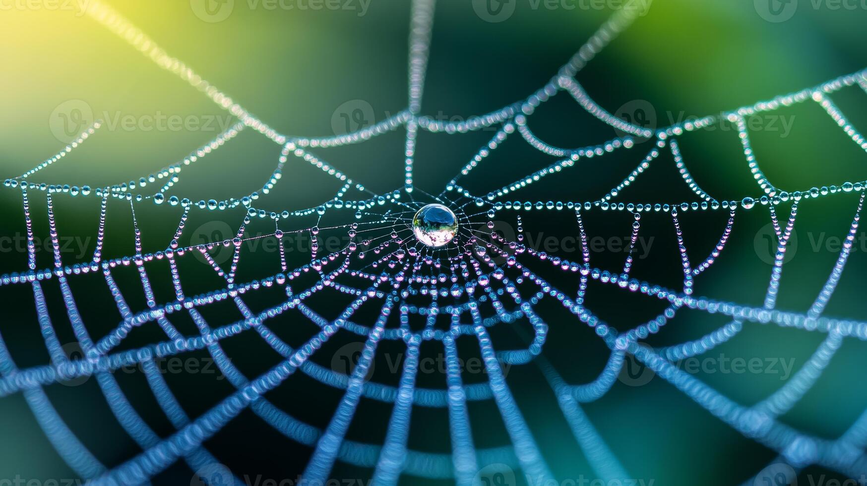 Macro shot of a spider web with morning dew droplets reflecting rainbow colors photo