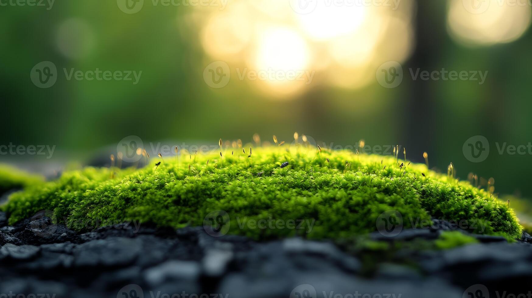 Micro detail of tree bark with vibrant moss and tiny crawling insects in focus photo