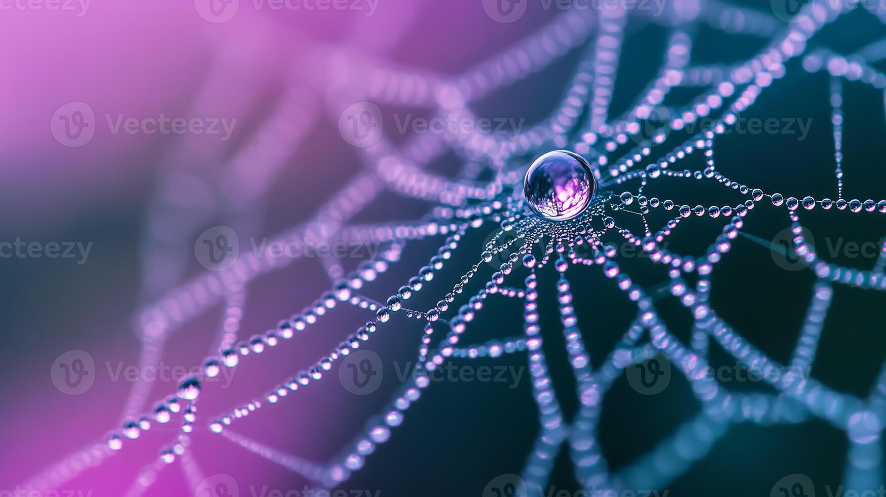 Macro shot of a spider web with morning dew droplets reflecting rainbow colors photo