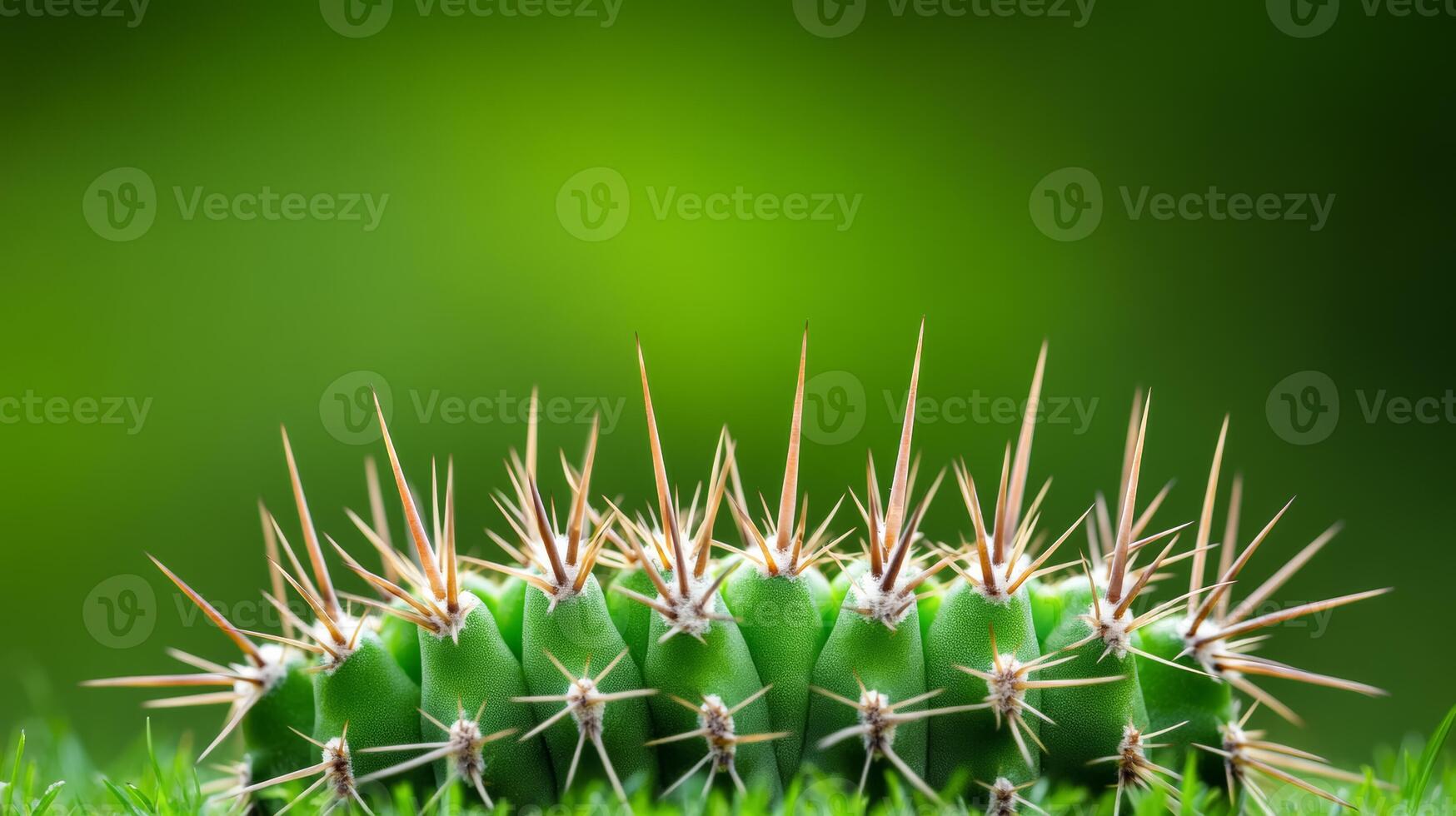 Magnified shot of cactus spines against a blurred green background photo