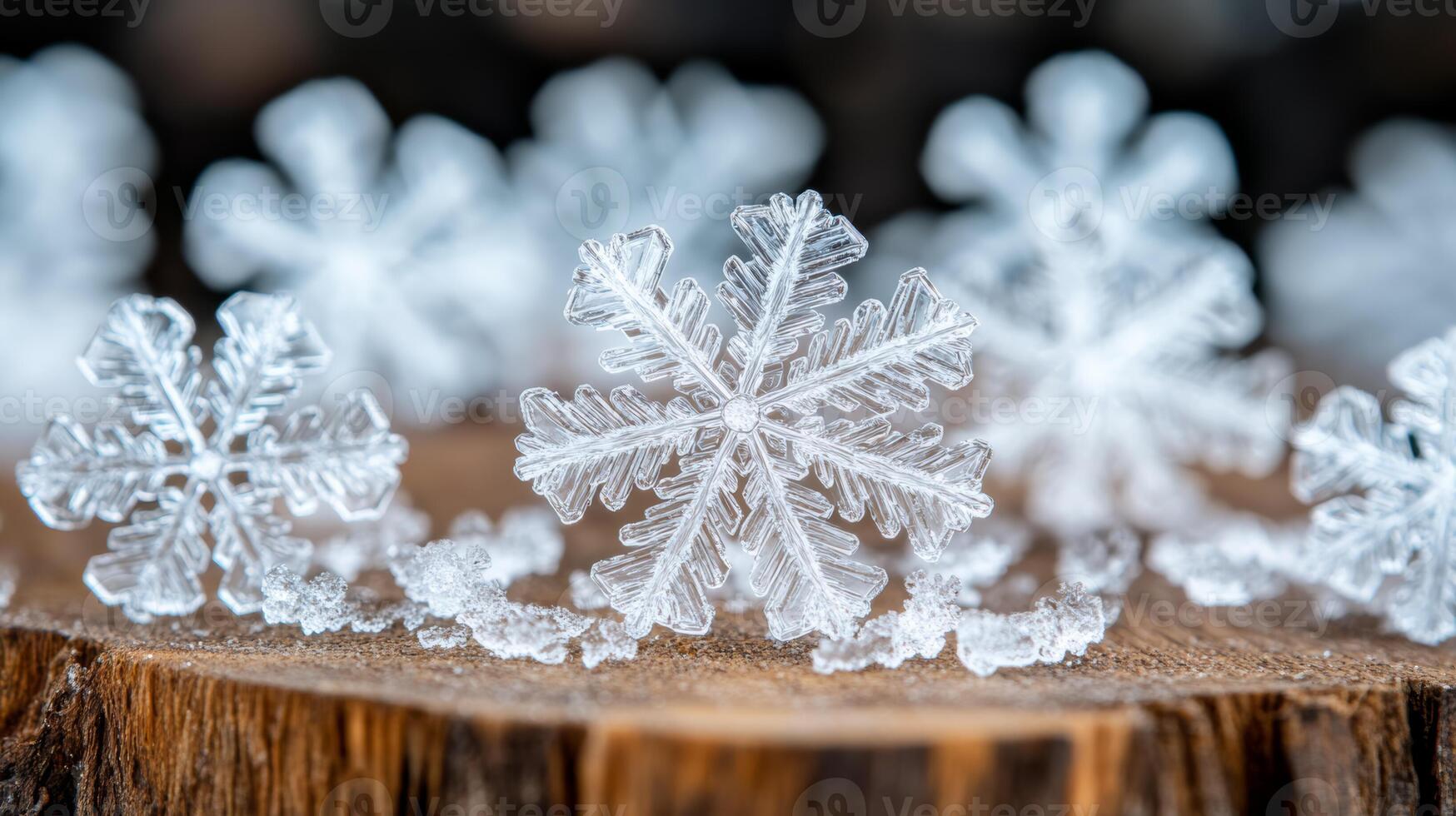 Macro view of snowflakes resting on a piece of wood showing unique crystalline shapes photo