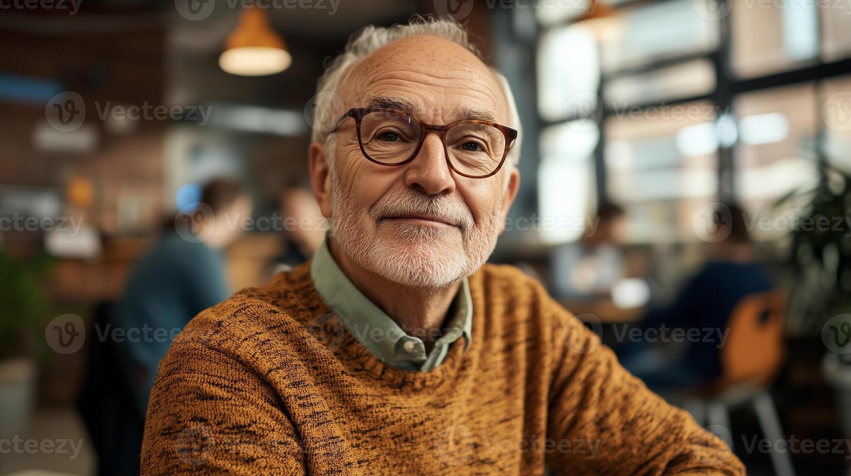 Senior man working as a mentor in a startup incubator, surrounded by his entrepreneurs, confident and wise photo