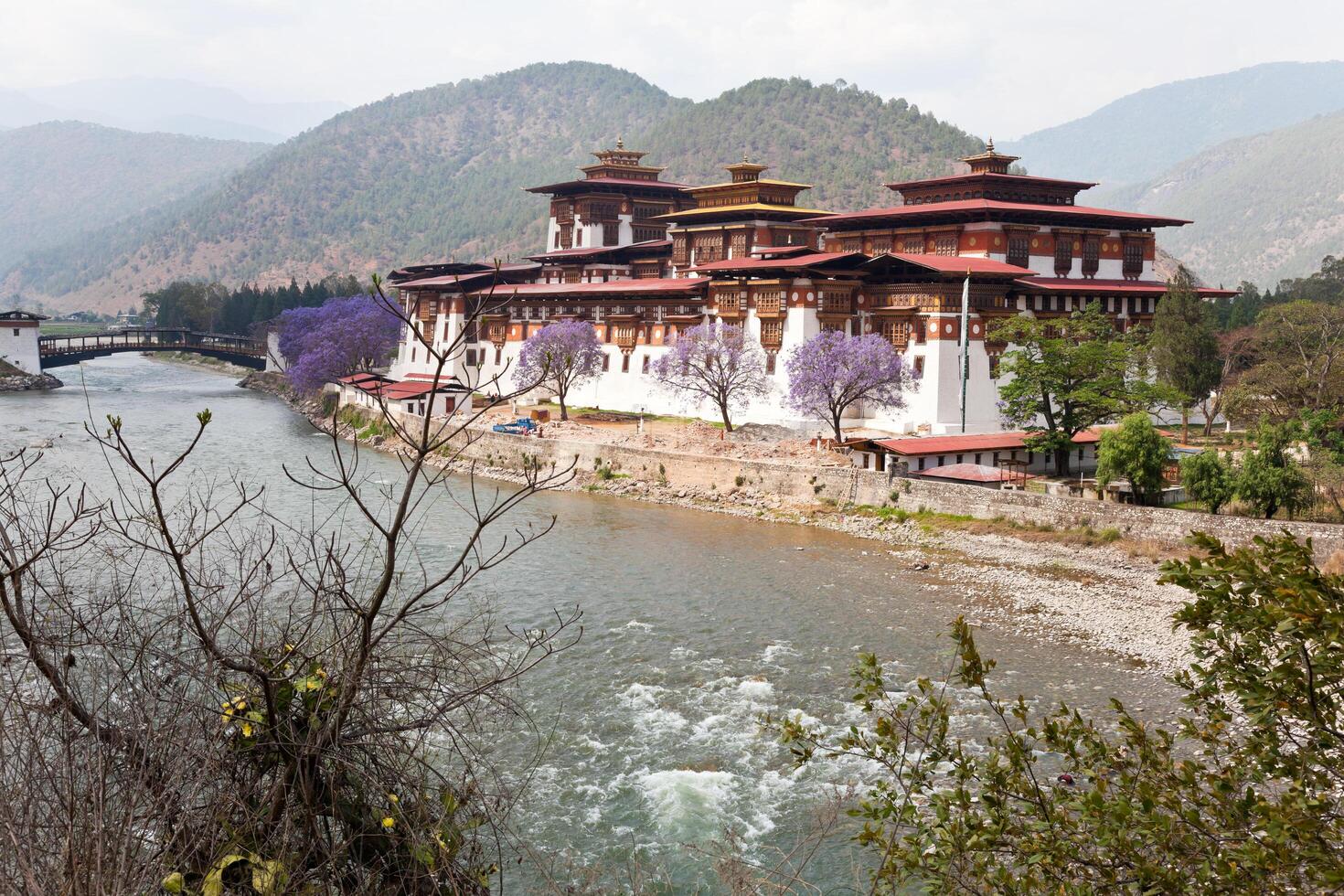 View of Punakha monastery or Punakha dzong on the bank of river. photo