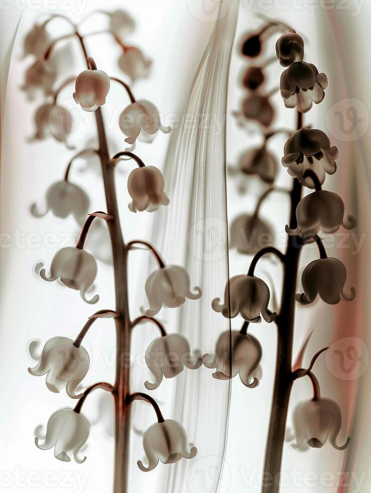 Lily of the valley blooms, bathed in soft light, exudes serenity and grace against a muted pure backdrop. A striking X-ray image, minimalist form and light photo