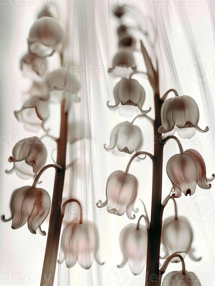 Lily of the valley blooms, bathed in soft light, exudes serenity and grace against a muted pure backdrop. A striking X-ray image, minimalist form and light photo