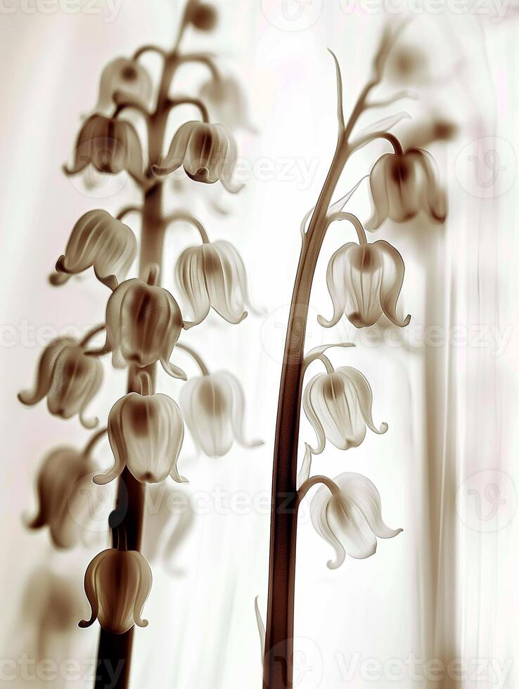 Lily of the valley blooms, bathed in soft light, exudes serenity and grace against a muted pure backdrop. A striking X-ray image, minimalist form and light photo
