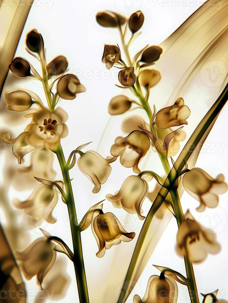 Lily of the valley blooms, bathed in soft light, exudes serenity and grace against a muted pure backdrop. A striking X-ray image, minimalist form and light photo