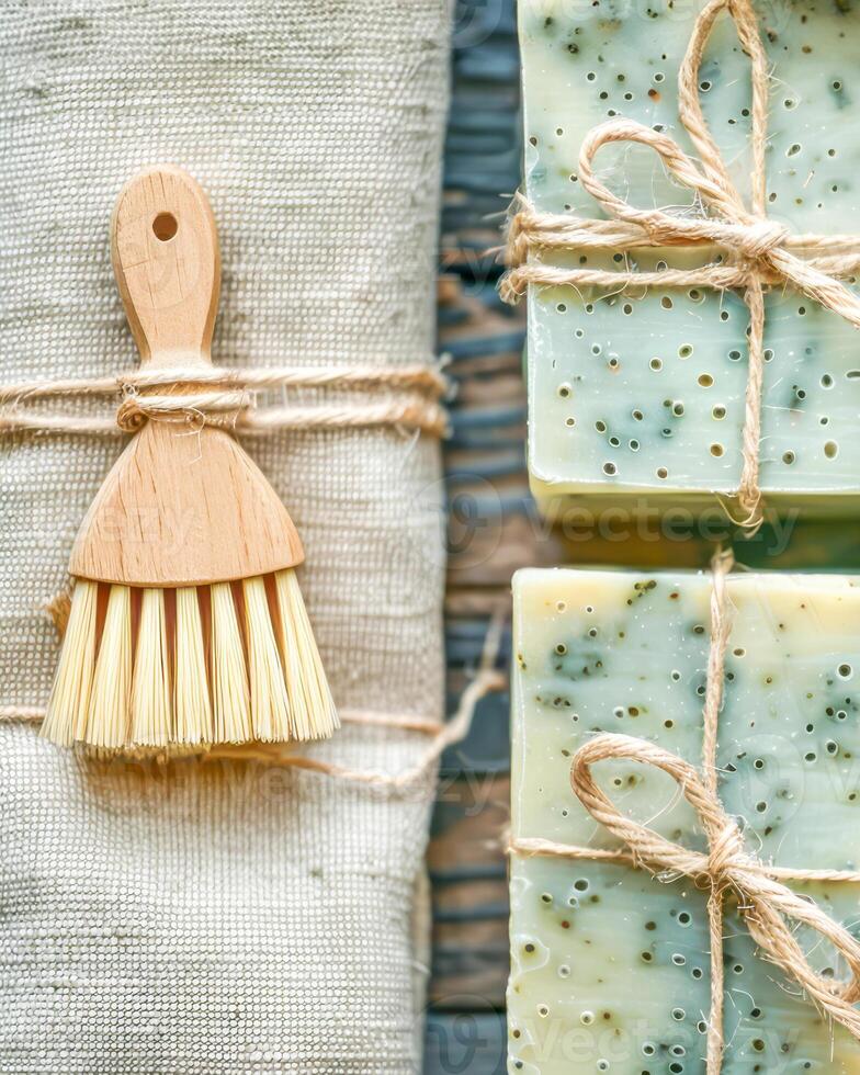 Handmade eco friendly soap bars tied with twine photo