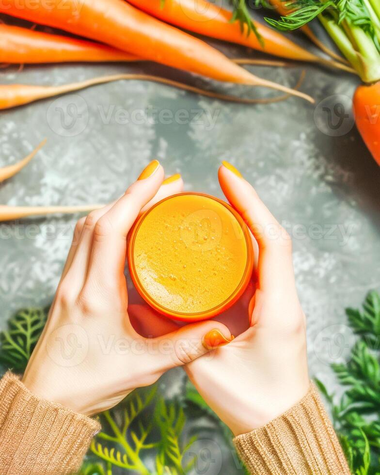 Hands holding glass of carrot juice with freshly picked carrots and greens photo