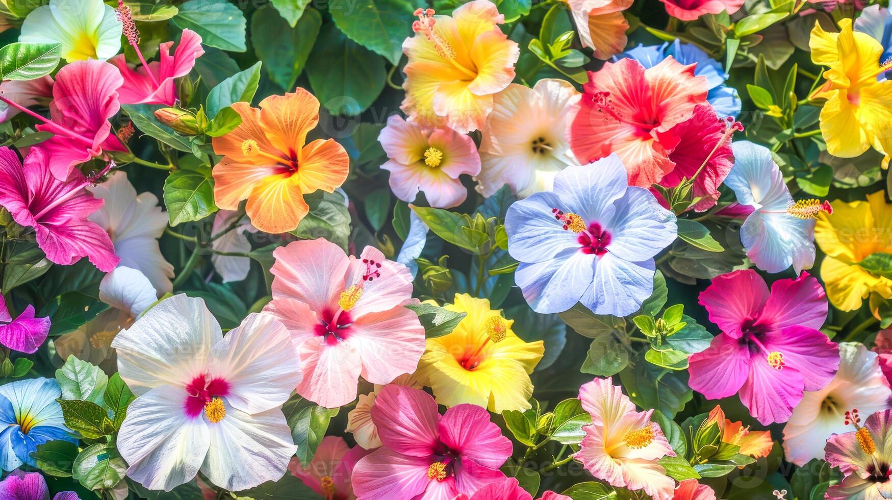 Vibrant array of hibiscus flowers in shades of pink, yellow, orange, and white photo