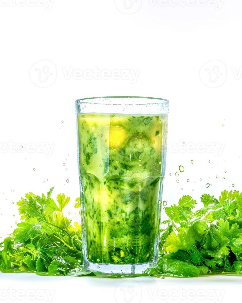 Glass of fresh green vegetable smoothie with natural parsley on white background photo