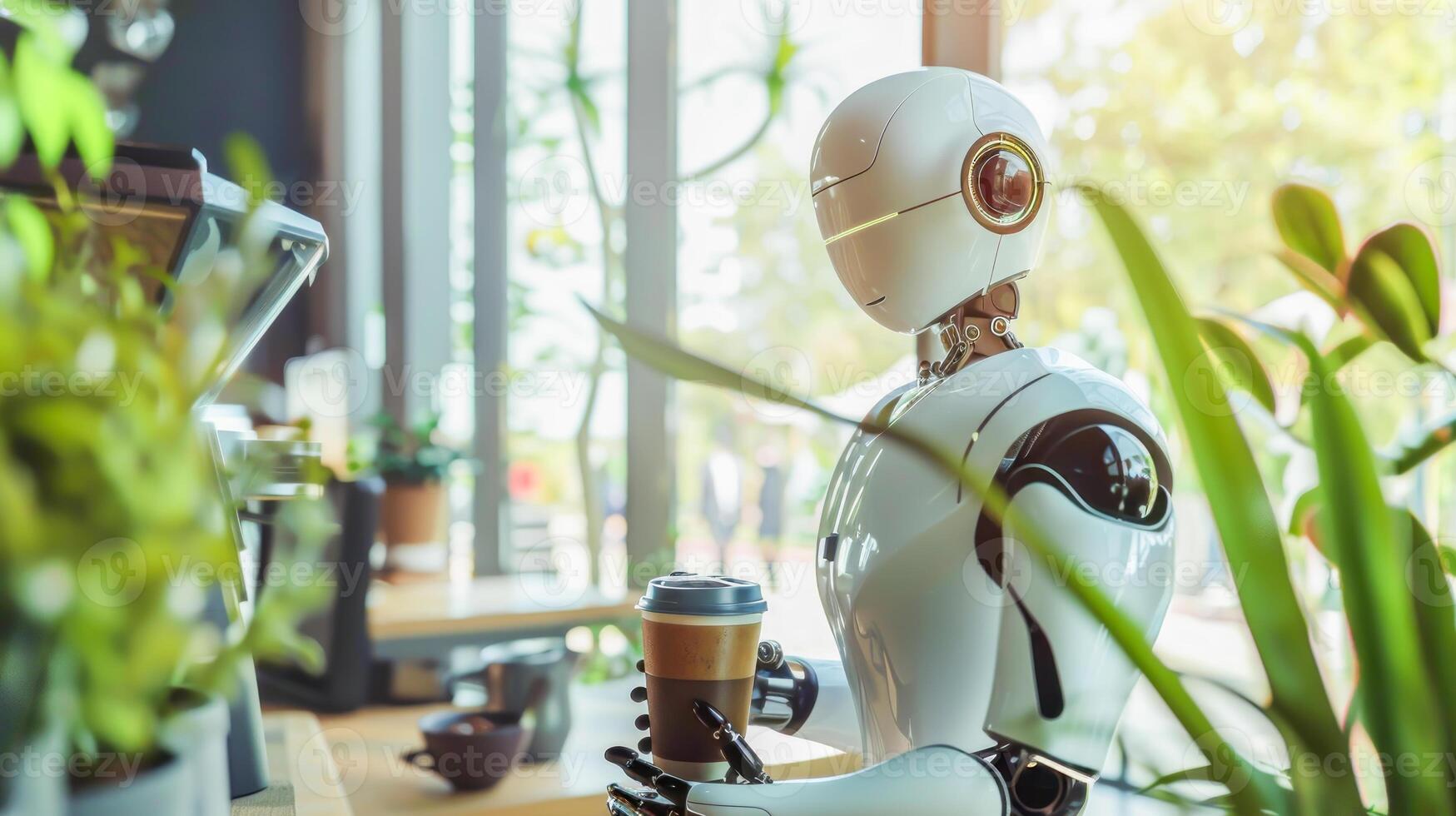 Humanoid robot holding coffee cup in bright, plant-filled sustainable cafe, showcasing integration of AI info daily routines. Concept of technology in everyday life, AI advancements, and modern living photo
