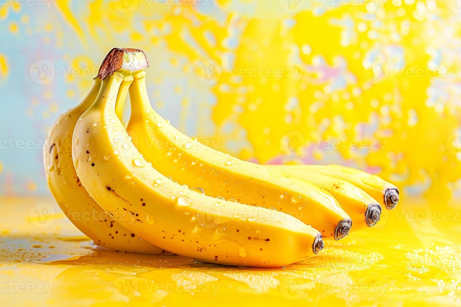 Bunch of fresh bananas with water droplets against vibrant, splashy yellow background, emphasizing natural fruits and mindful eating. Concept of healthy snacks and natural tropical fruits photo