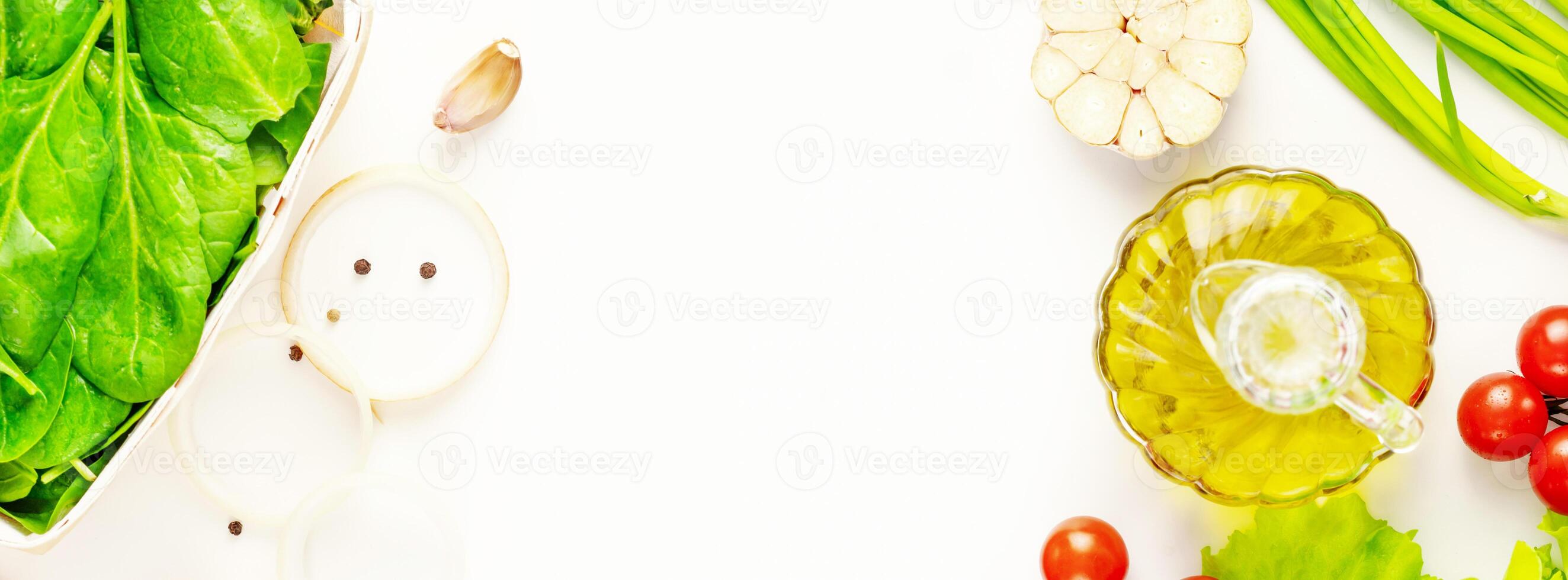 Healthy food banner with organic vegetables, spaces and olive oil photo
