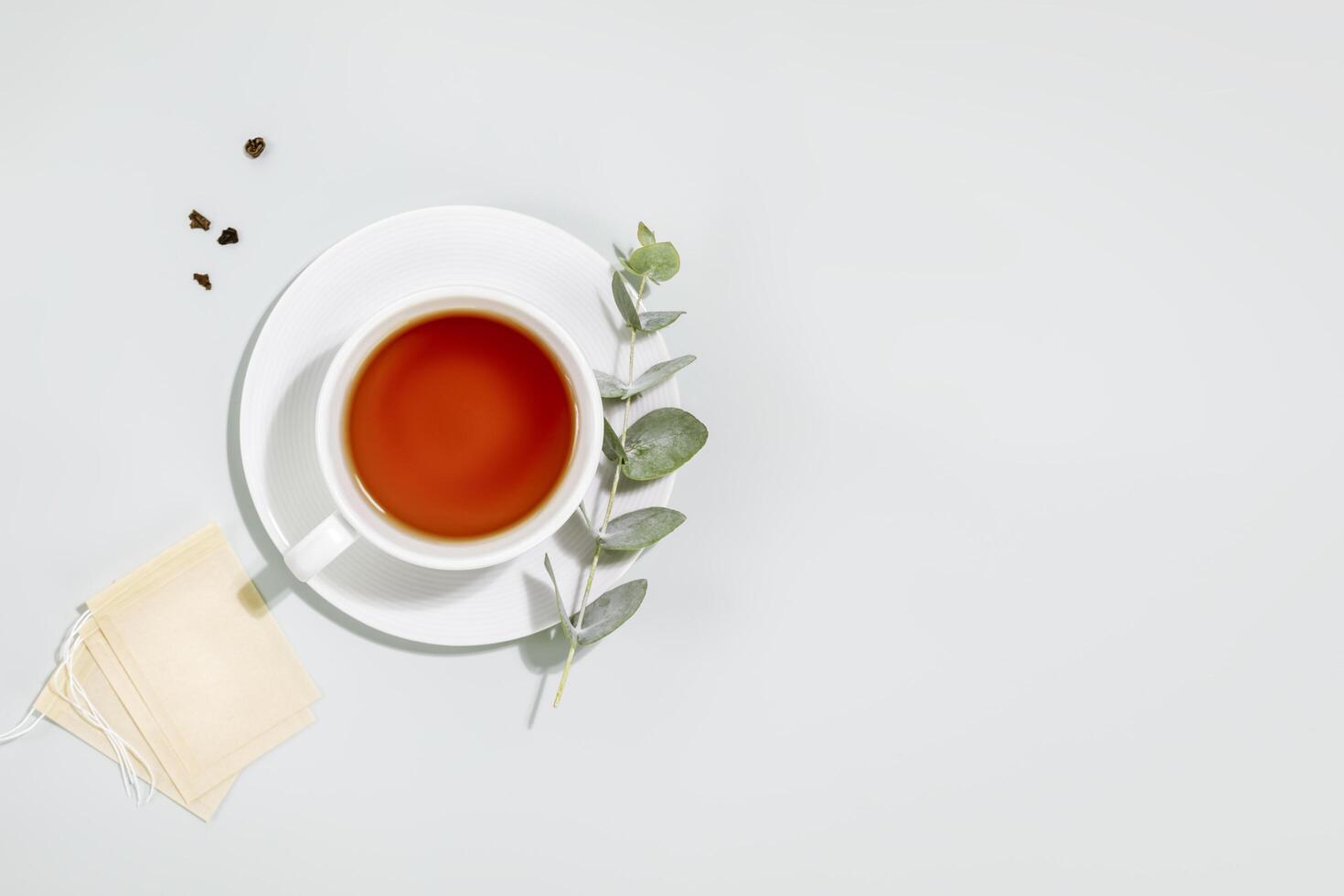 Cup of tea, eucalyptus sprig and paper tea bags with copy space photo