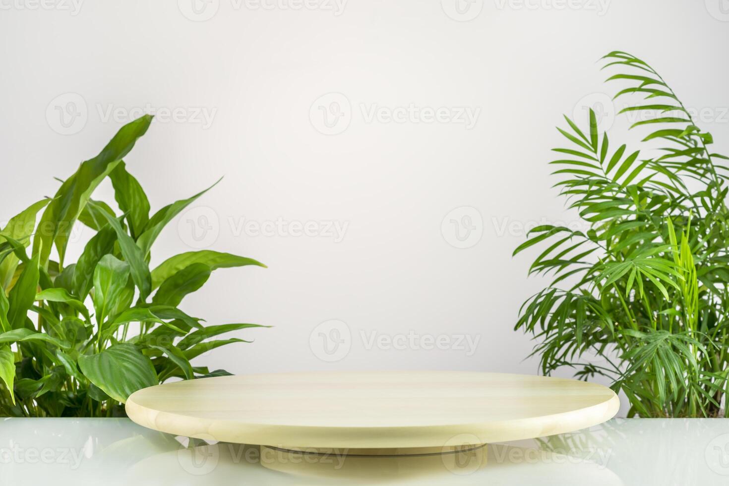 Ecological empty wooden podium on light gradient background with green leaves photo