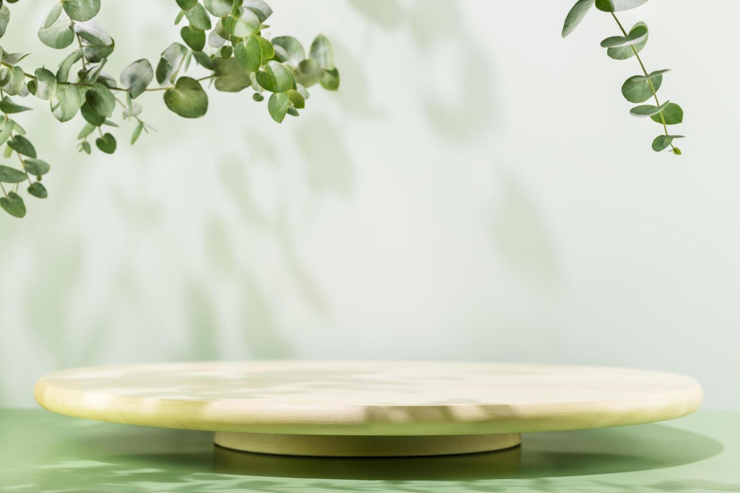 Round product display on blue background with eucalyptus leaves photo