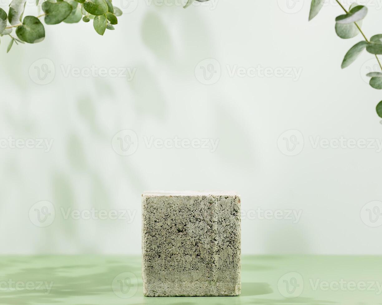 Empty podium on blue background with eucalyptus leaves and shadows photo
