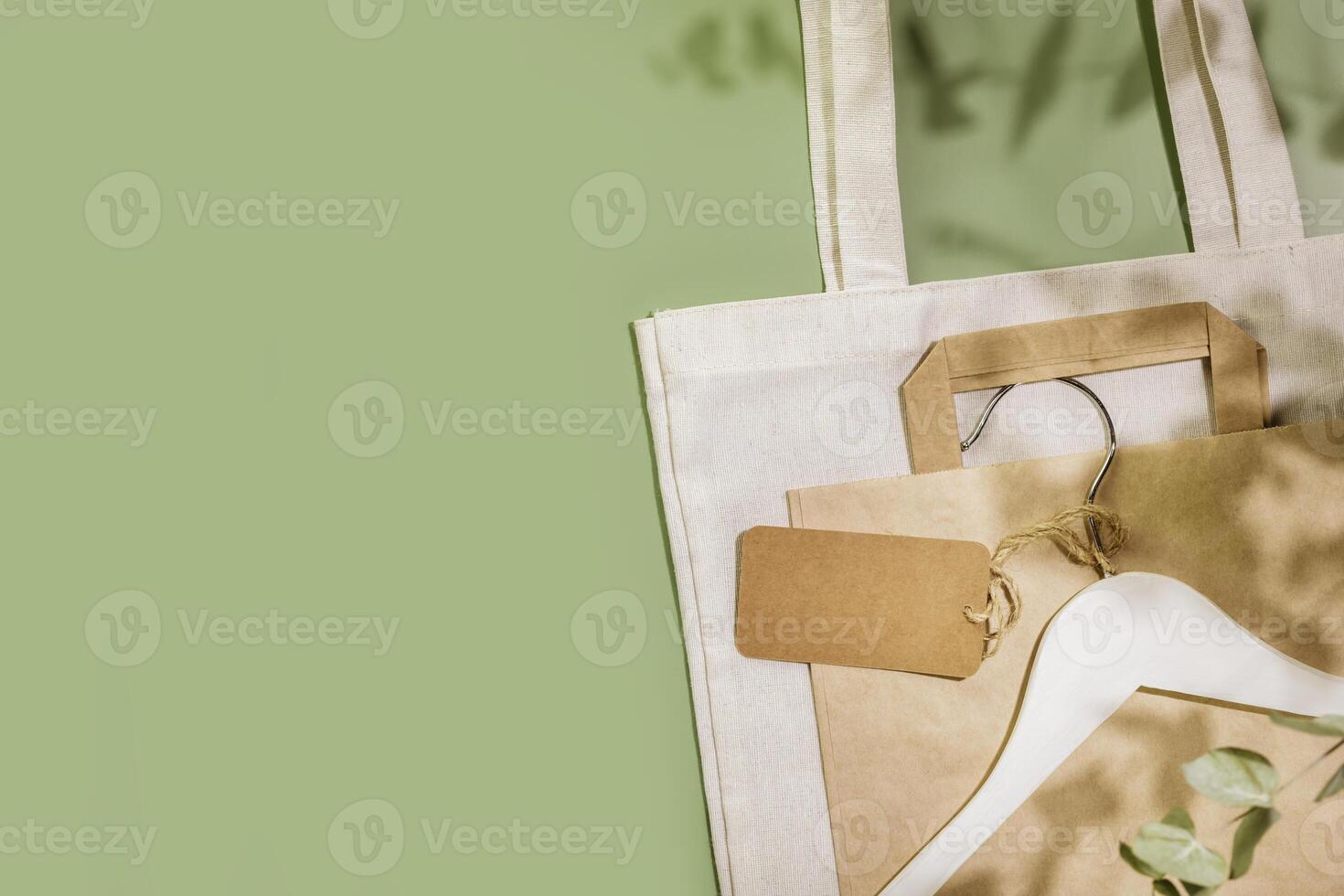 Textile bag, paper bag, mesh bag, with hanger and label with copy space photo