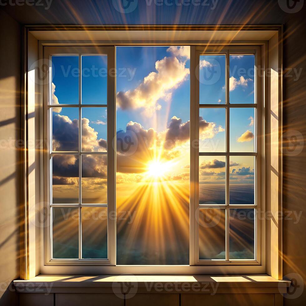 a window with a sun and clouds on the wall photo