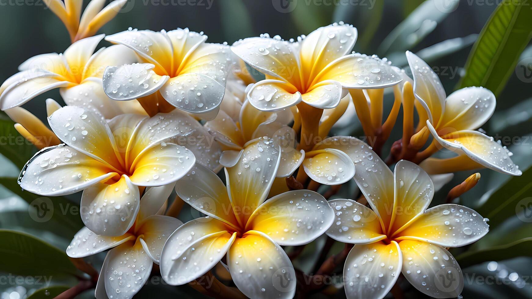 realistic frangipani flowers, the morning atmosphere is cool, with dew on the flowers photo