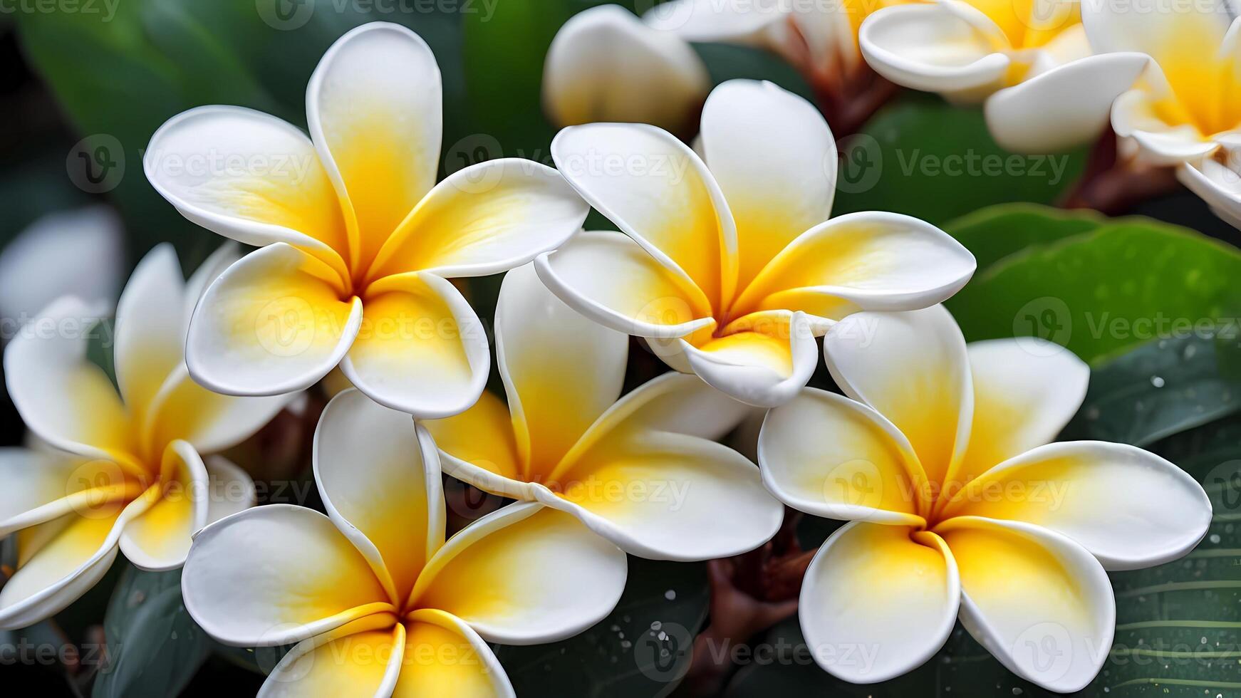 realistic frangipani flowers, the morning atmosphere is cool, with dew on the flowers photo