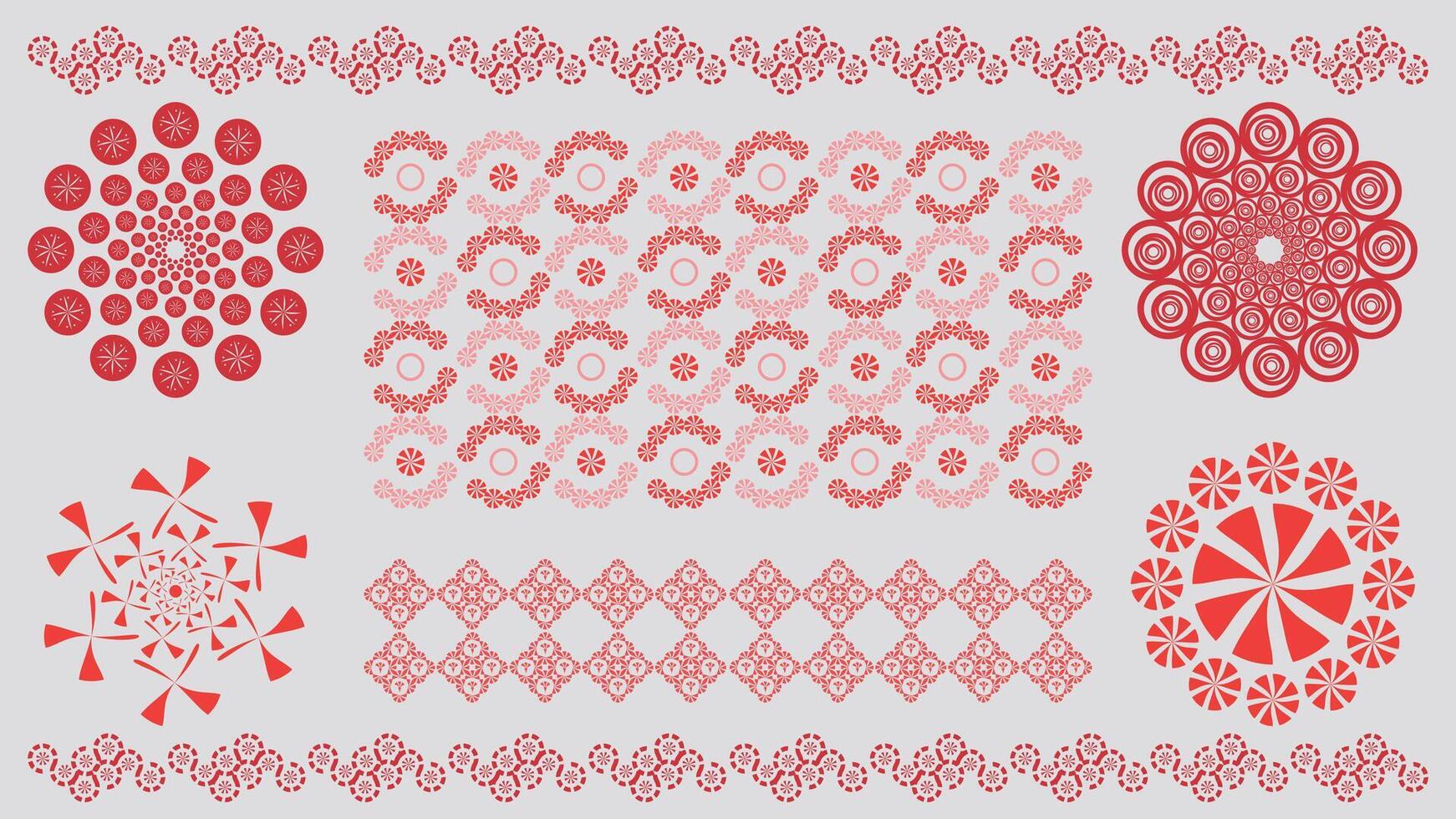a set of red and white decorative patterns vector