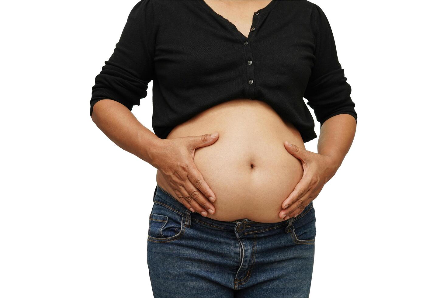 Asian woman show fat belly big size overweight and obesity isolated on white background with clipping path. photo