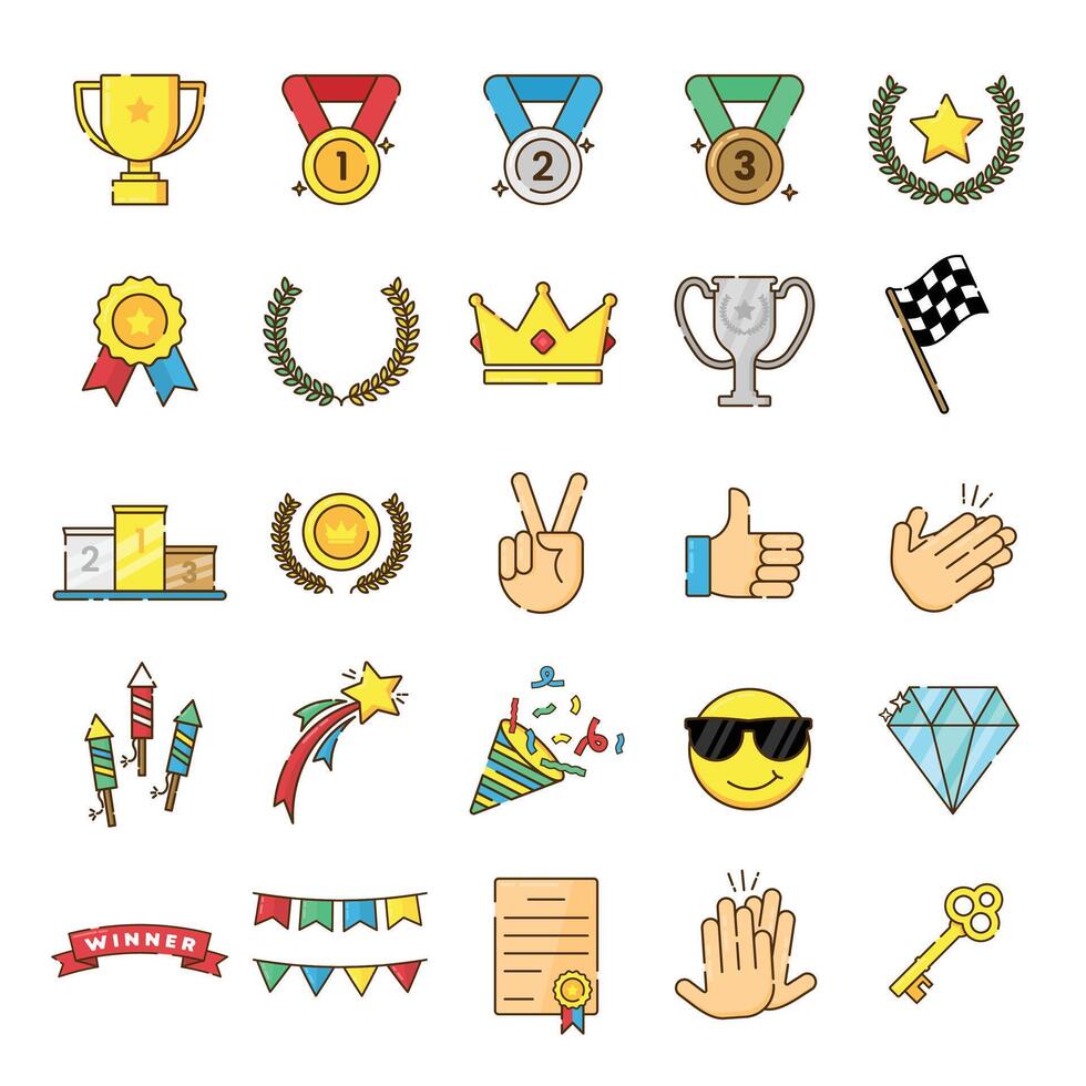 Set of winning icons and symbols associated with winning flat design icon. editable stroke vector
