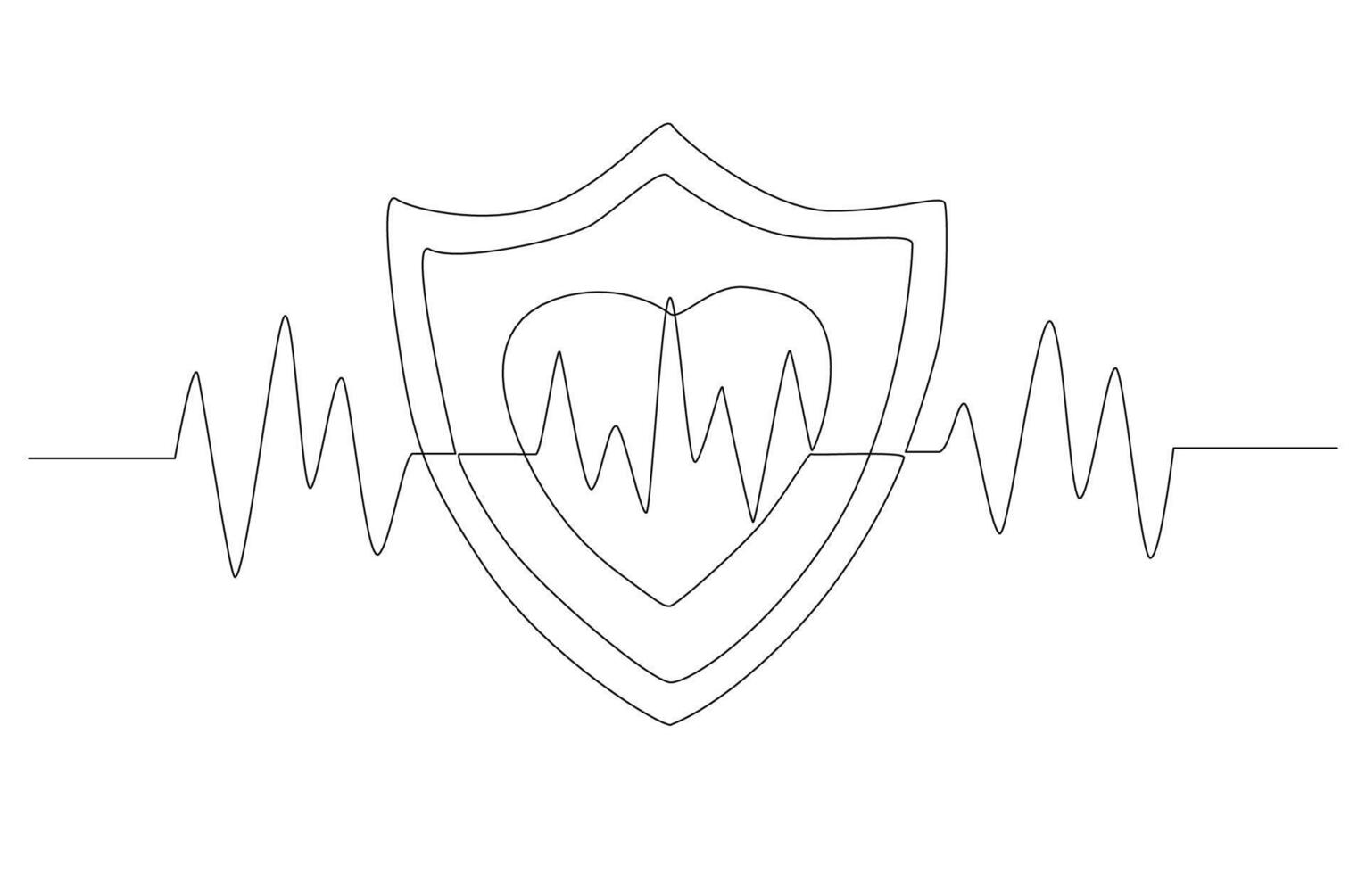 Continuous one line drawing of heart pulse within shield, health insurance concept, single line art. vector