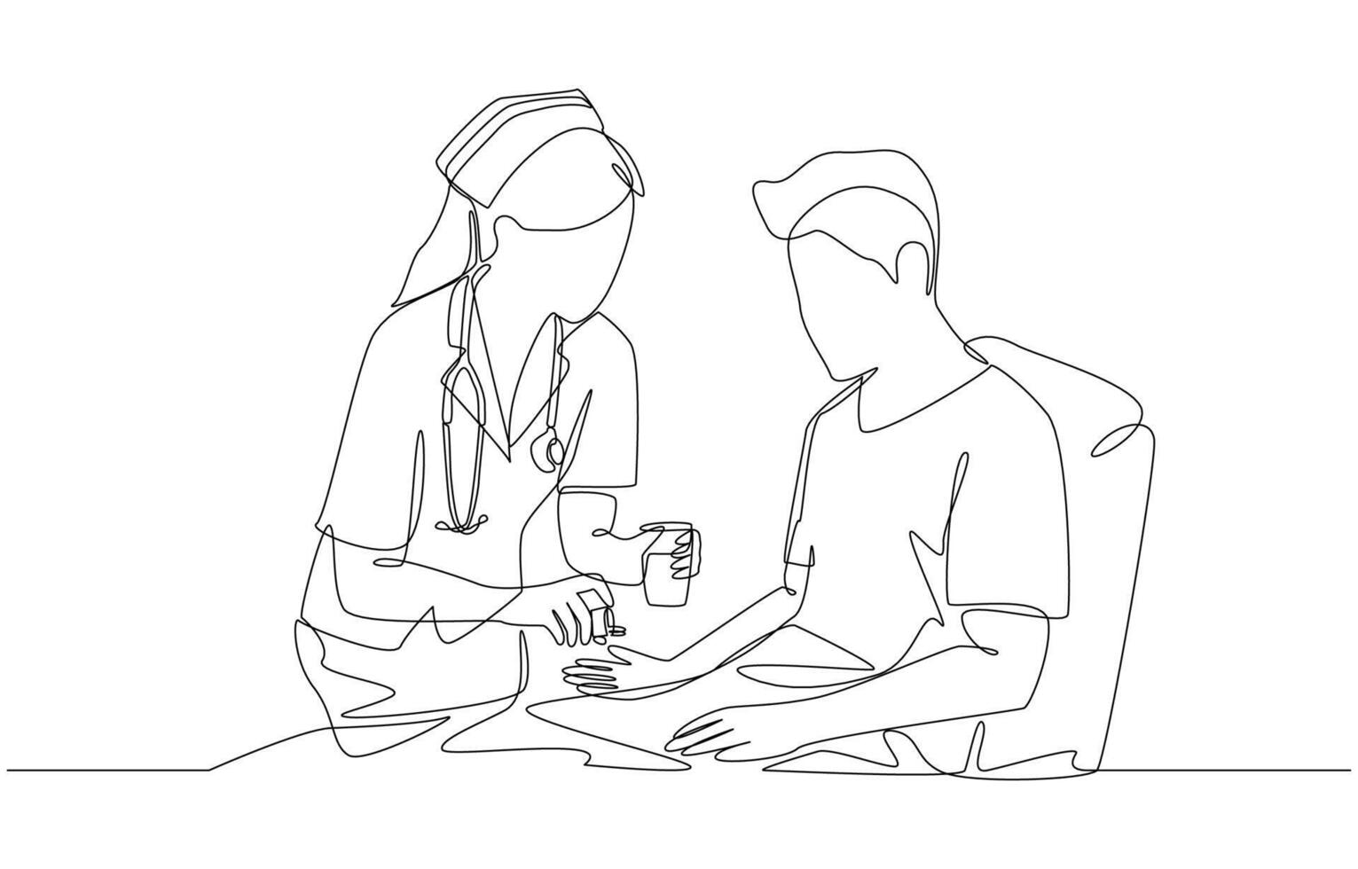 Continuous one line drawing of nurse dispensing medication to a patient on bed, inpatient treatment concept, single line art. vector