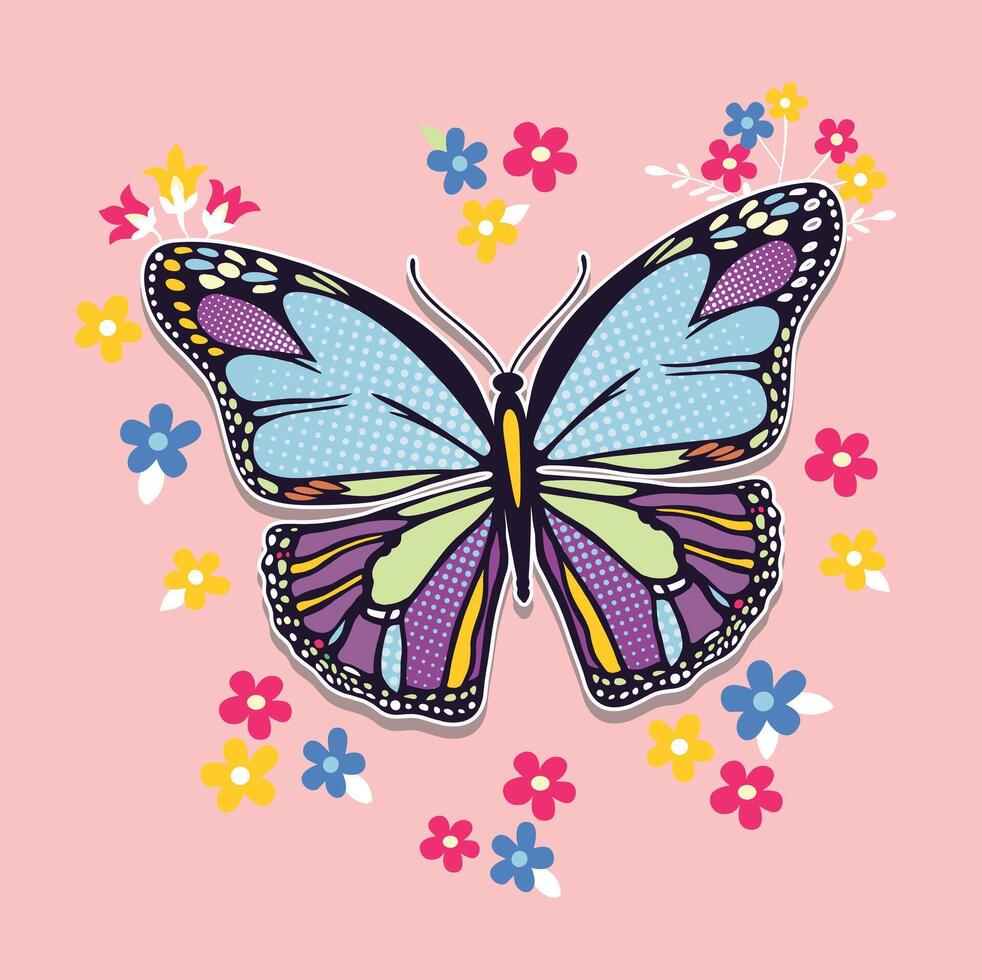 Stylized butterfly illustration. Art composition with flowers in minimalist style. vector