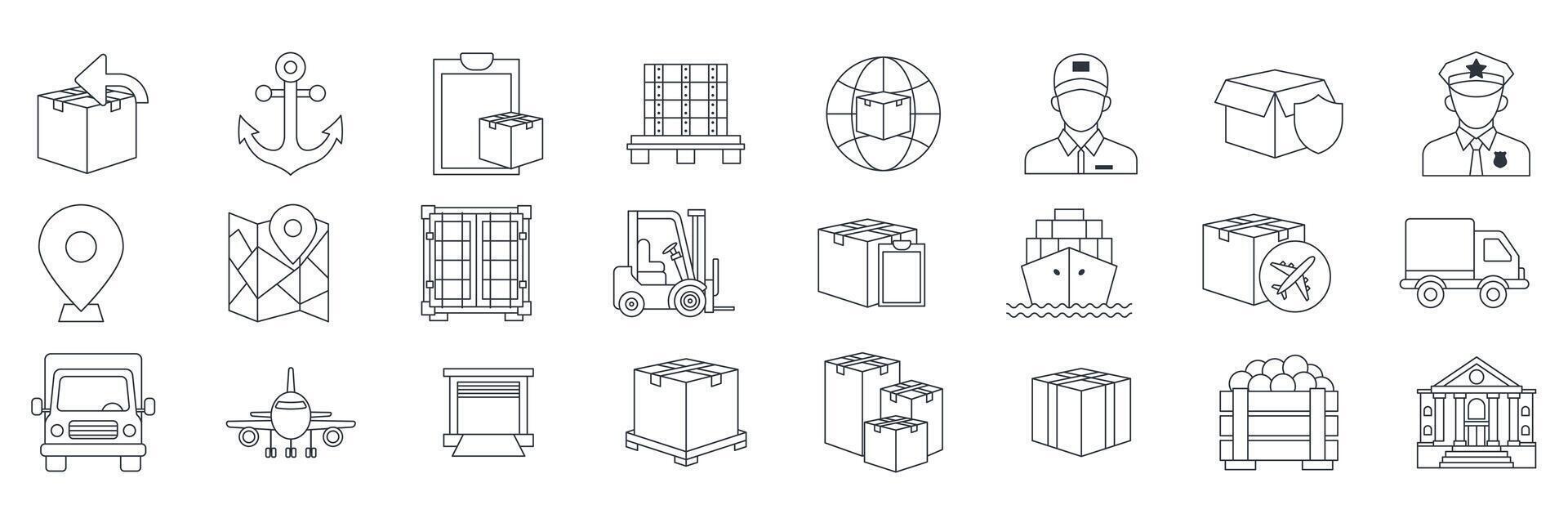 Logistics and Shipping icons set, Included icons as Airplane, Package, Forklift, Delivery Truck and more symbols collection, logo isolated illustration vector