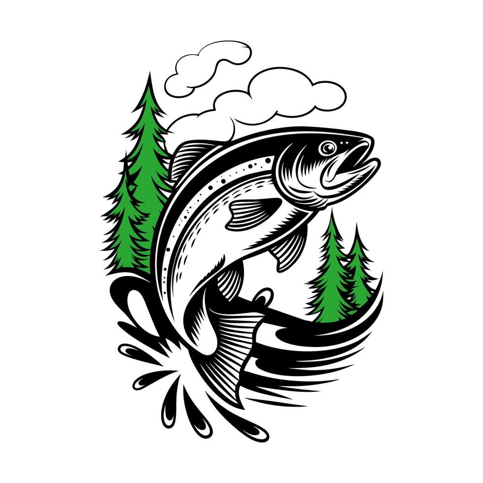Silhouette Illustration Of A Salmon Fish Jumping. T-shirt Graphics With Salmon Fish. vector
