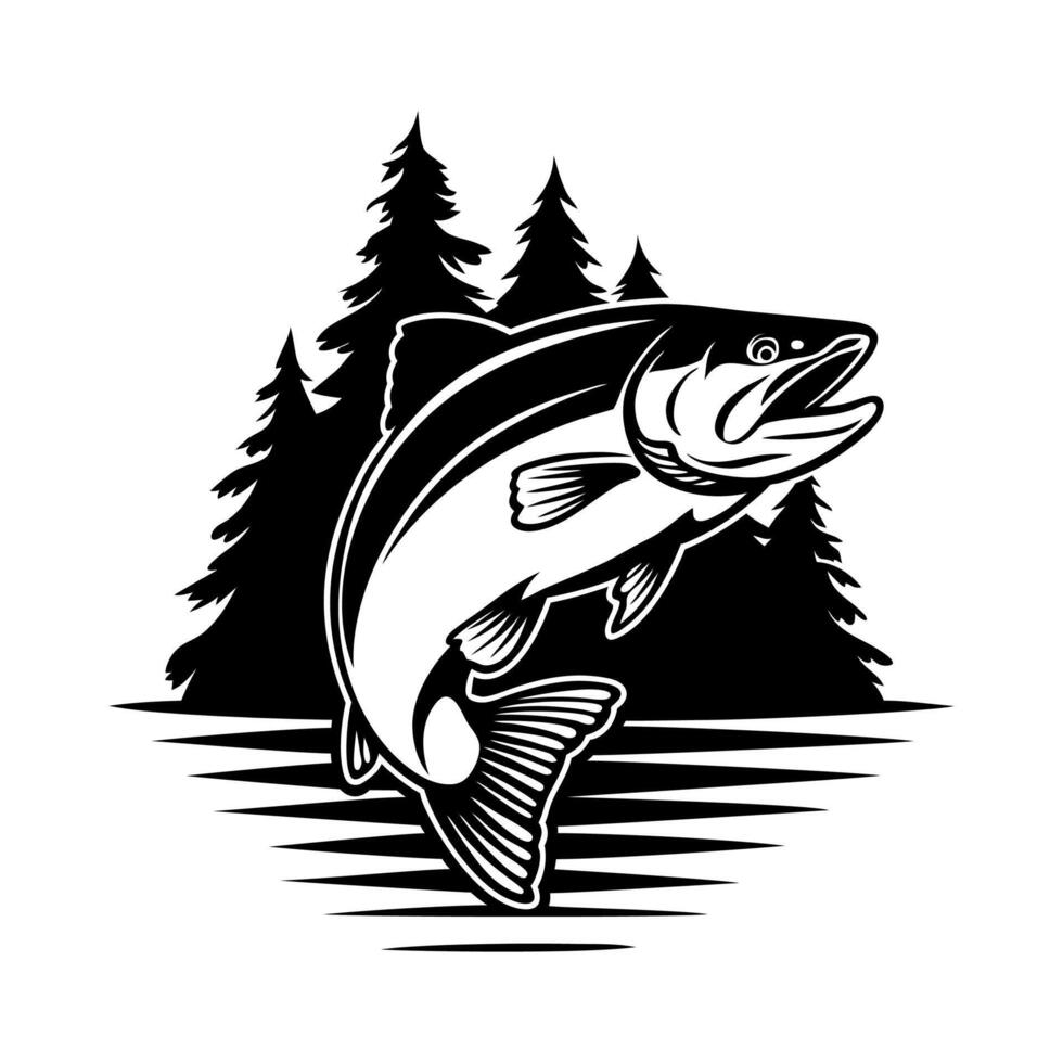 Black And White Silhouette Illustration Of A Salmon Fish Jumping. T-shirt Graphics With Salmon Fish. vector