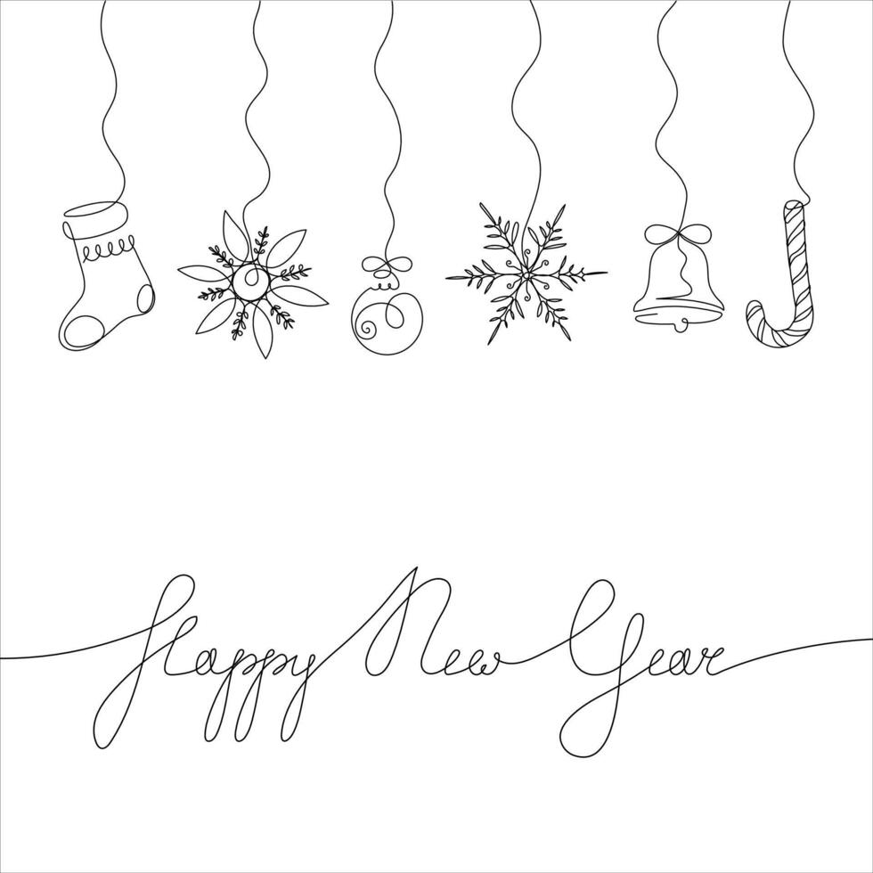 Continuous one-line drawing of New Year's snowflakes, sock, ball, bell, lollipop and Happy New Year lettering. New Years celebration concept isolated on white background vector