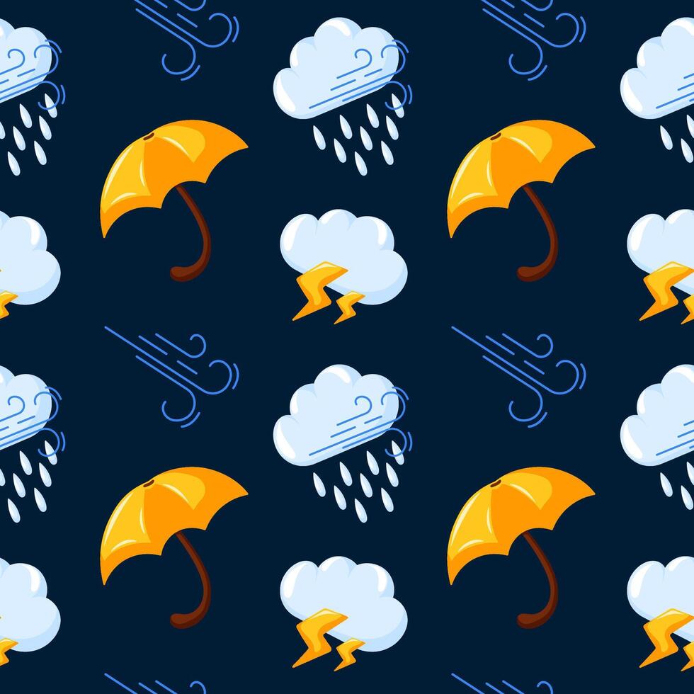 Seamless pattern with cloud, rain, lightning, yellow umbrella and wind symbols on a dark blue background. Perfect design for textile, wrapping paper. Cartoon style. vector